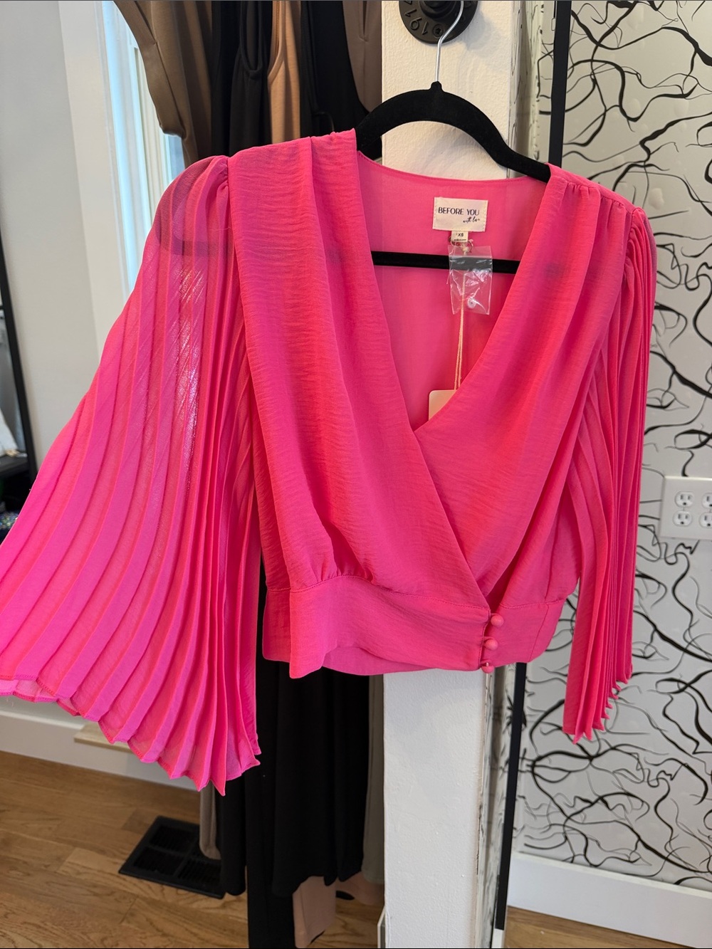 Before You Fuchsia Pleated-Sleeve Wrap Blouse